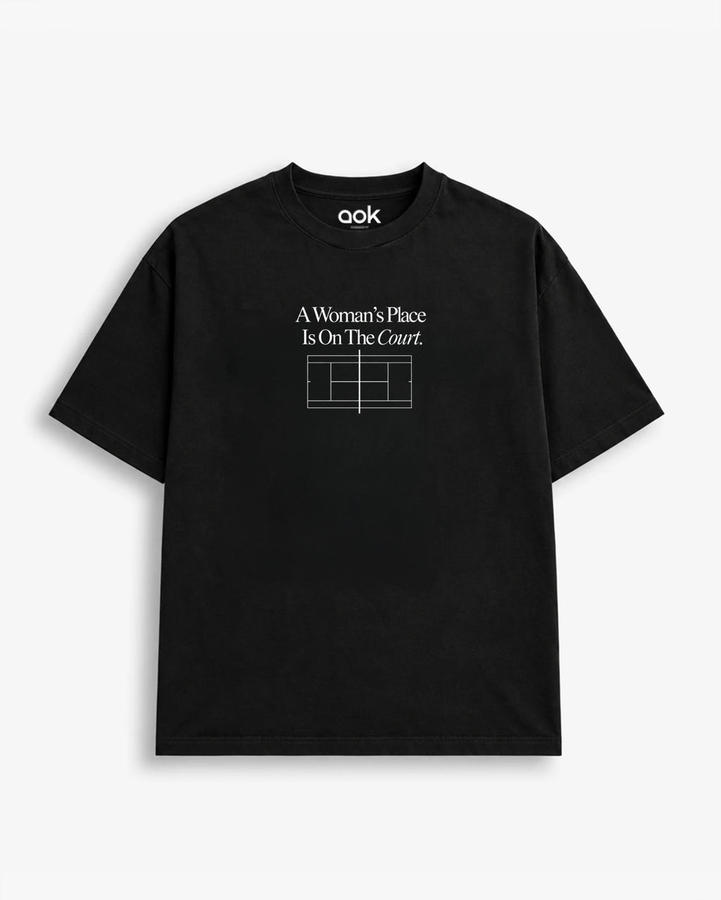 A Woman's Place Is On The Court tennis tee in Studio Black, front