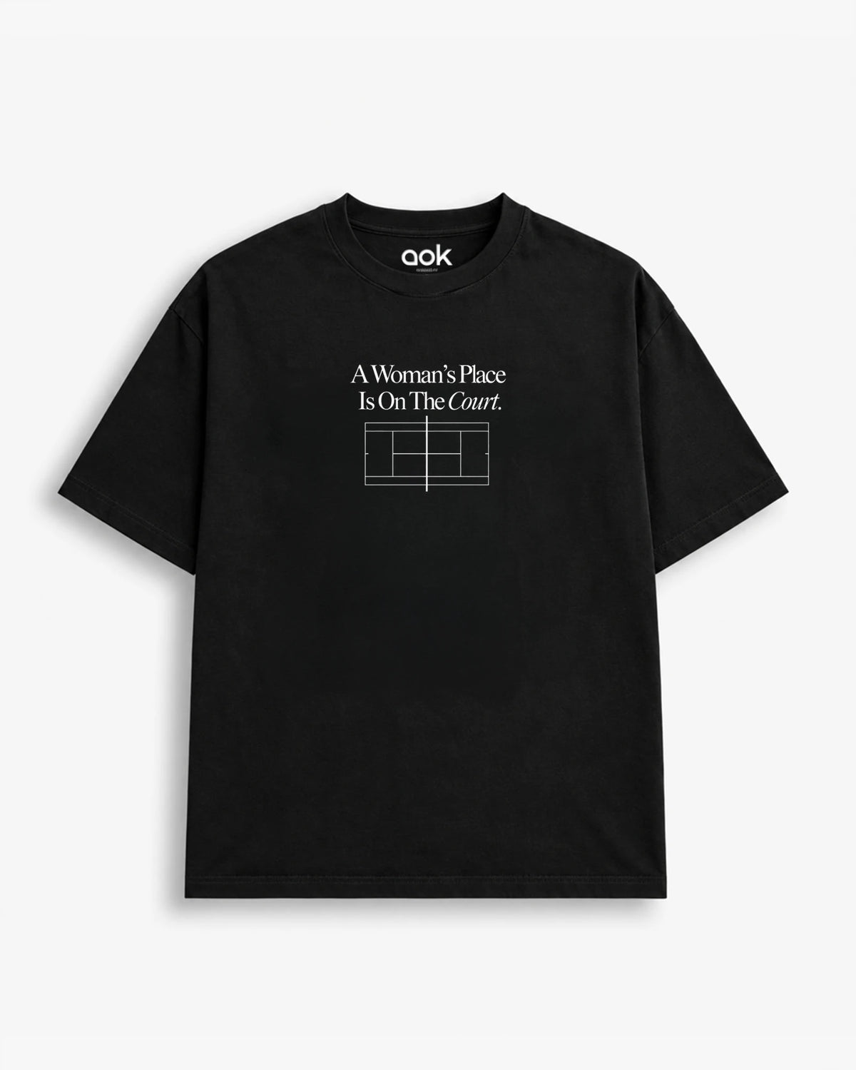 A Woman's Place Is On The Court tennis tee in Studio Black, front